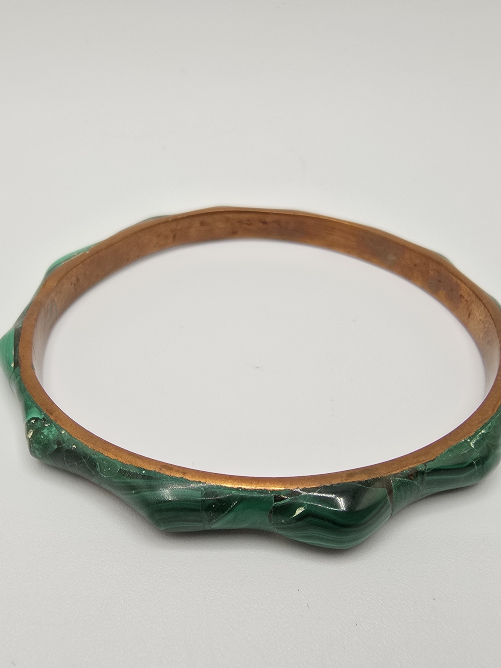 VTG Malachite Copper Bangle Bracelet Green Stone Inlay 8.25" 1970s - Picture 3 of 13
